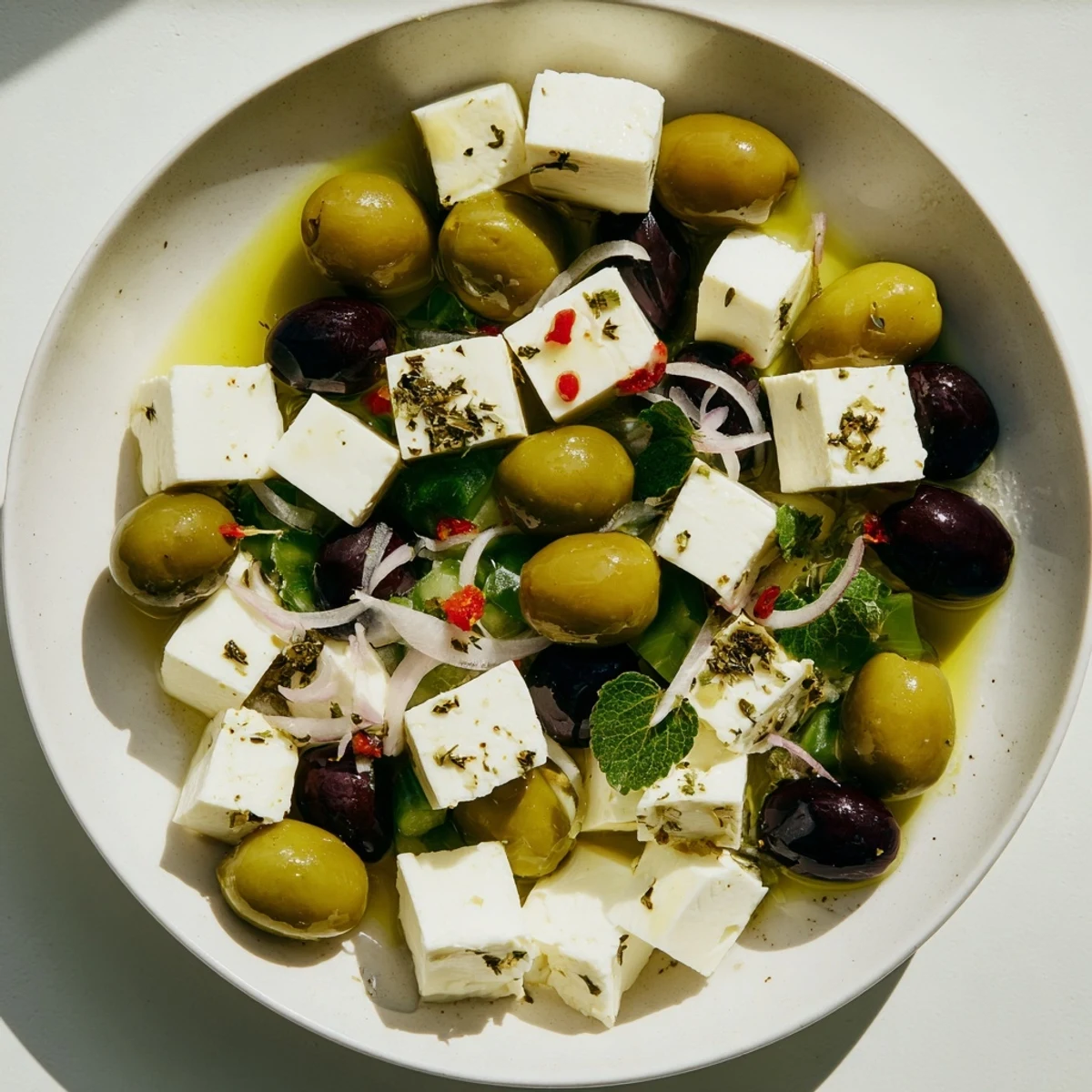 Holiday Mix: Mixed Olives with Feta Cubes, glistening with olive oil and fresh herbs!
