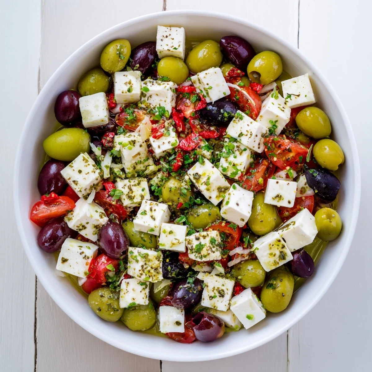 Golden feta cubes nestled among the marinated olives of this simple Holiday Mix.