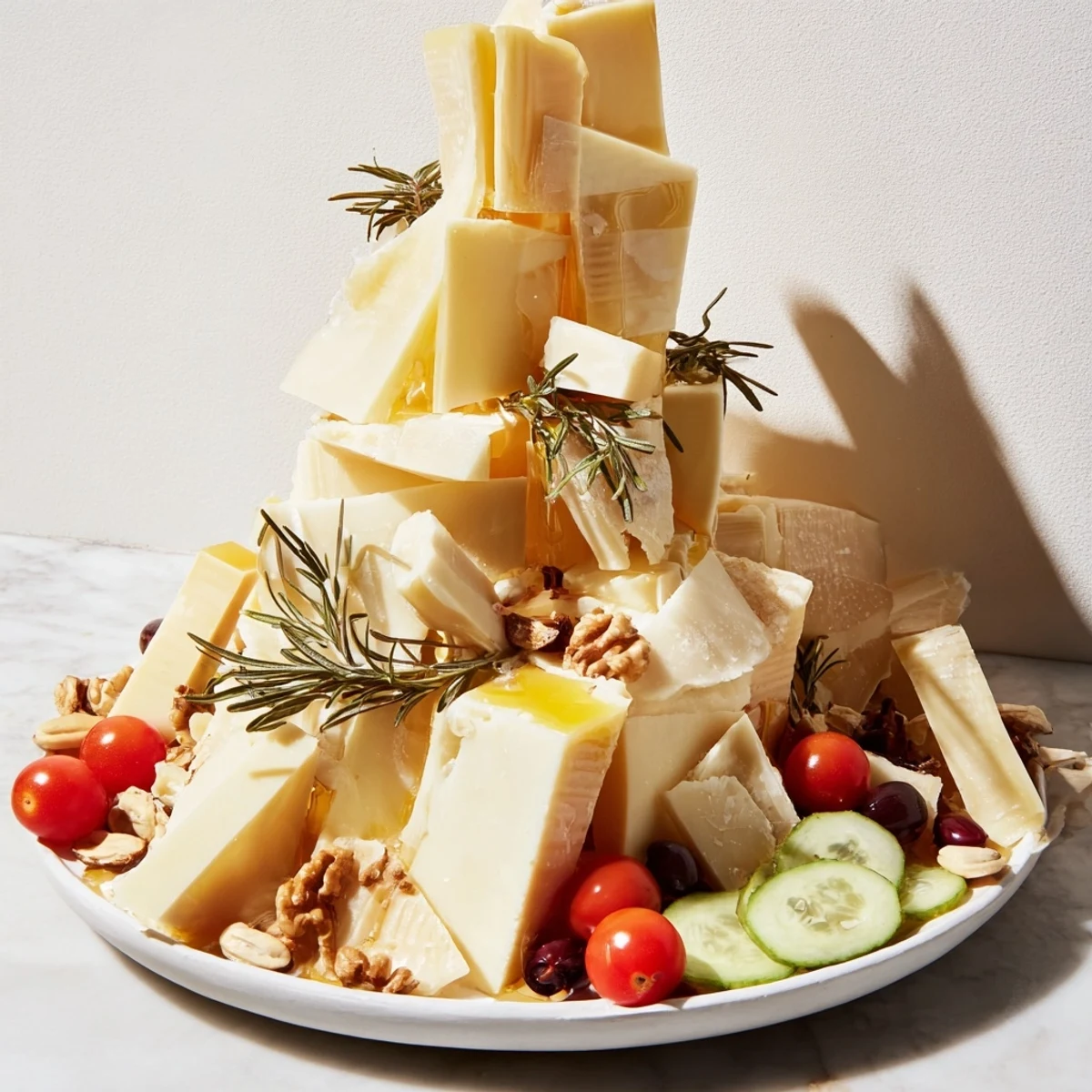 This Sculptural Cheese Landscape features a gorgeous arrangement of hard and soft cheeses, fruits, and nuts.