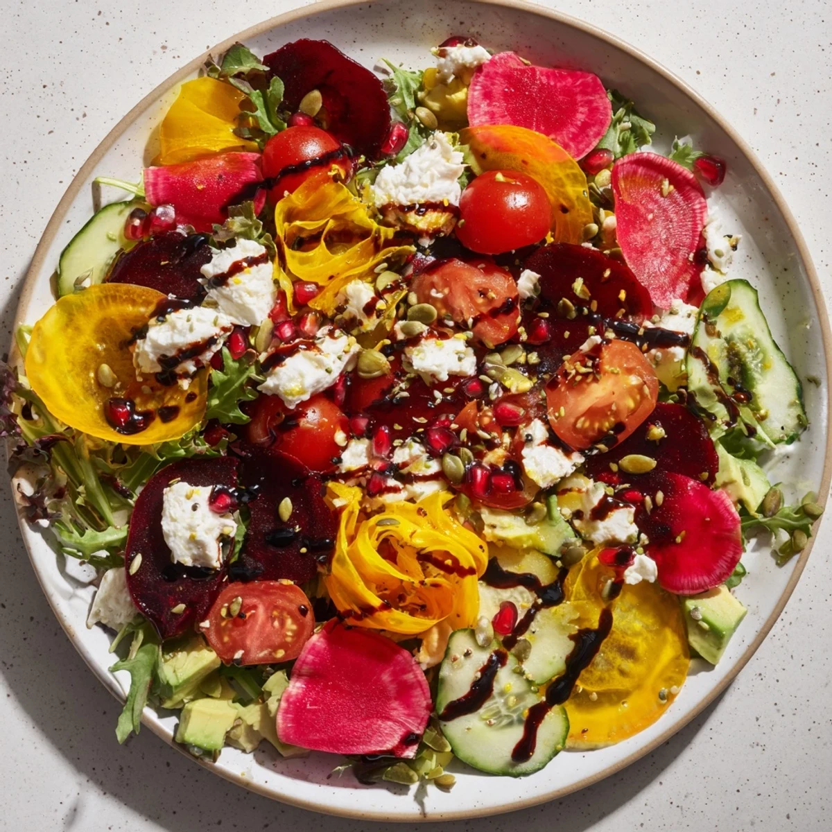 Vibrant, colorful Abstract Expressionist Splash salad with layered textures, ready to enjoy.