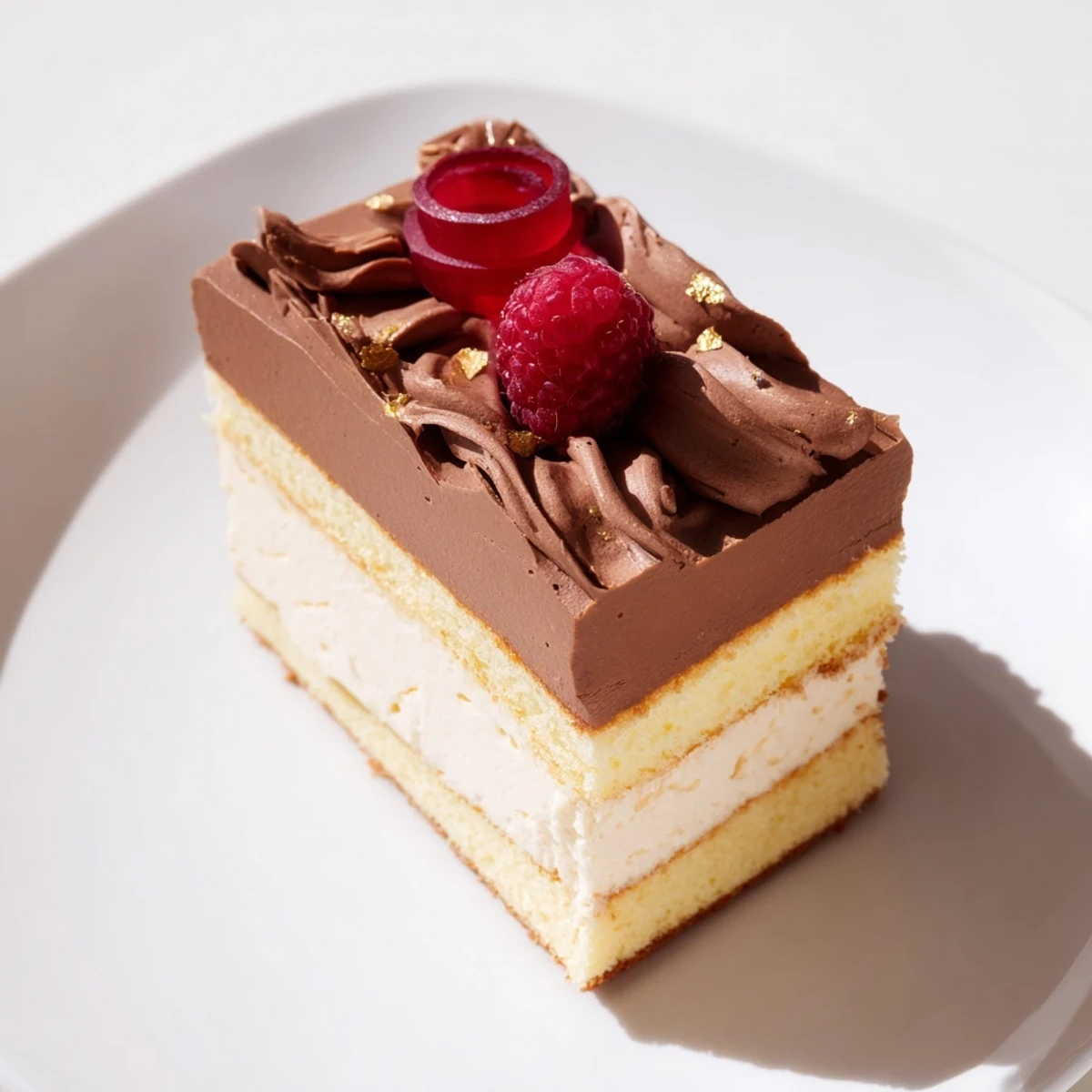 A slice of Golden Ratio Shell, layered with dark chocolate, fruit, and gold dust, looks exquisite.