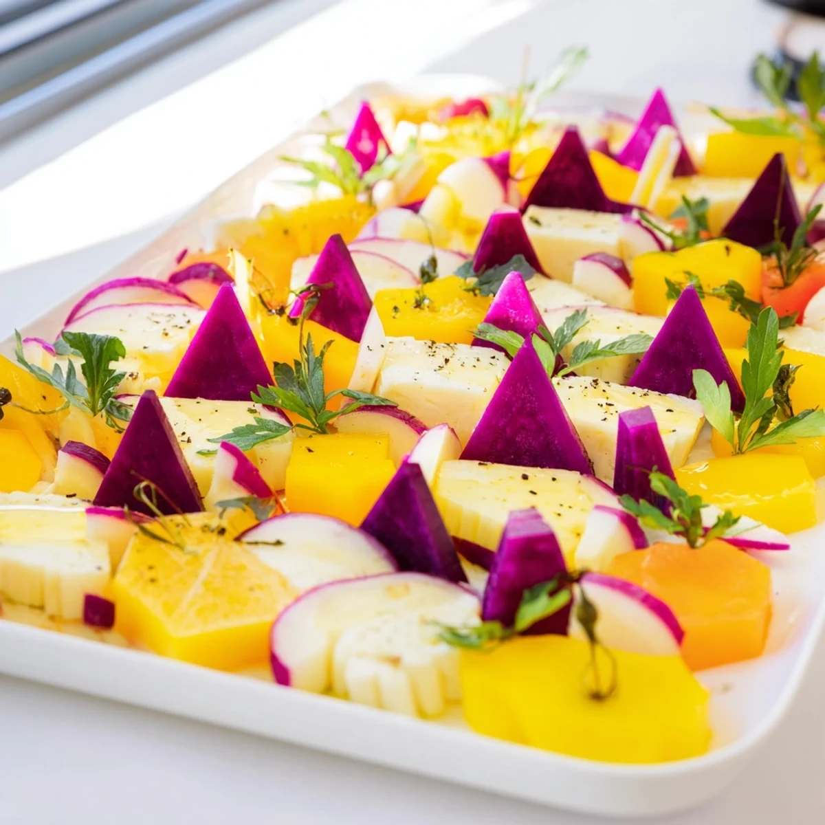 Vibrant deconstructed Cubist appetizer: colorful geometric fruit, vegetables, and feta cheese artfully arranged.