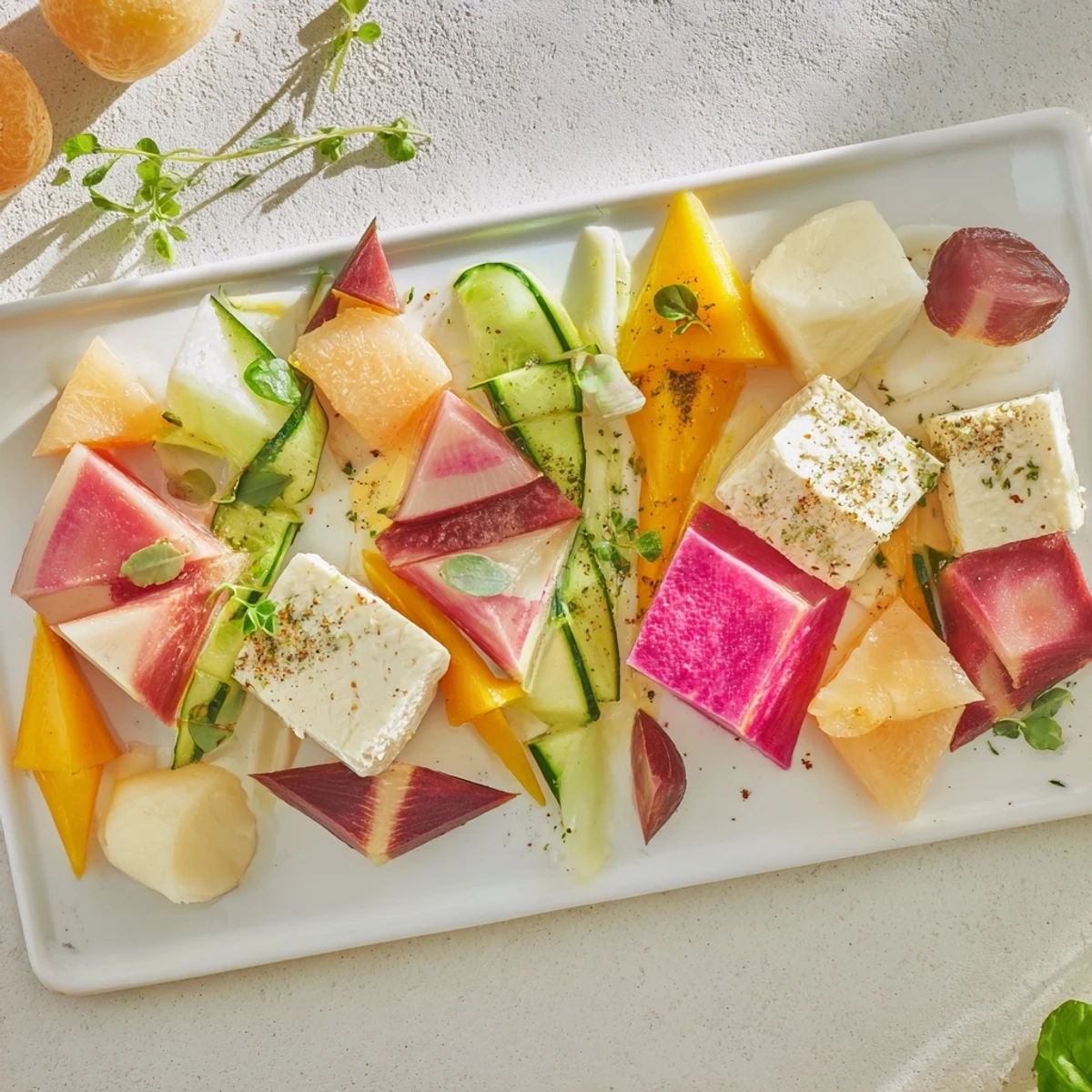 Eye-catching Cubist Deconstruction: A modern appetizer featuring fresh fruit, cheese, and vegetables ready to enjoy.