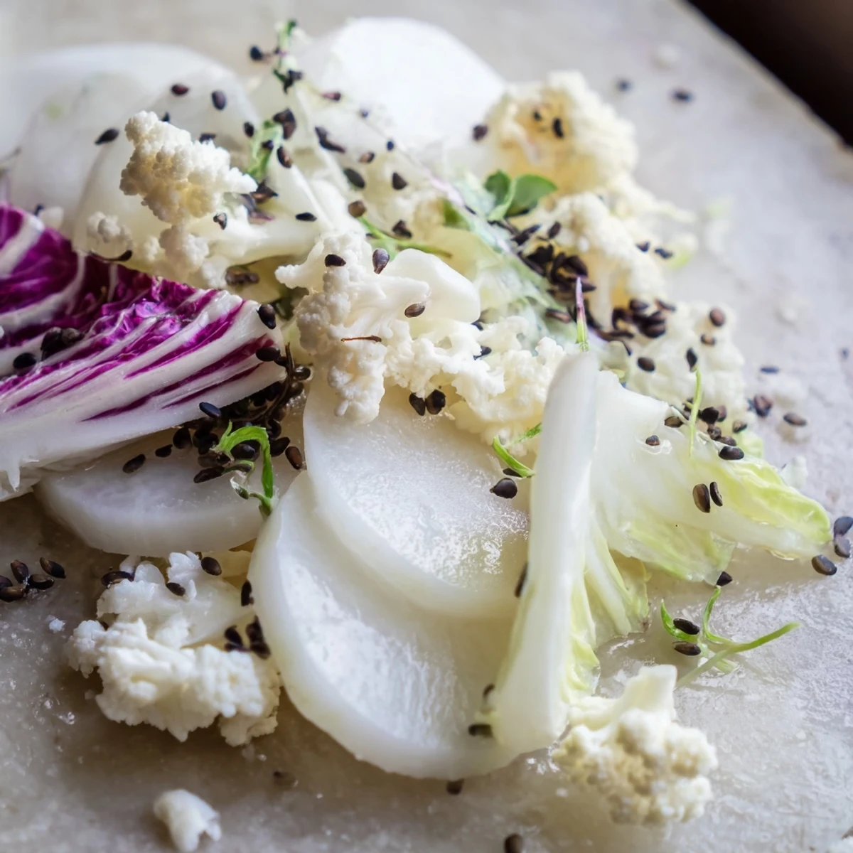 Beautiful "Tundra Trek" salad: a minimalist arrangement of vegetables ready for a light drizzle.