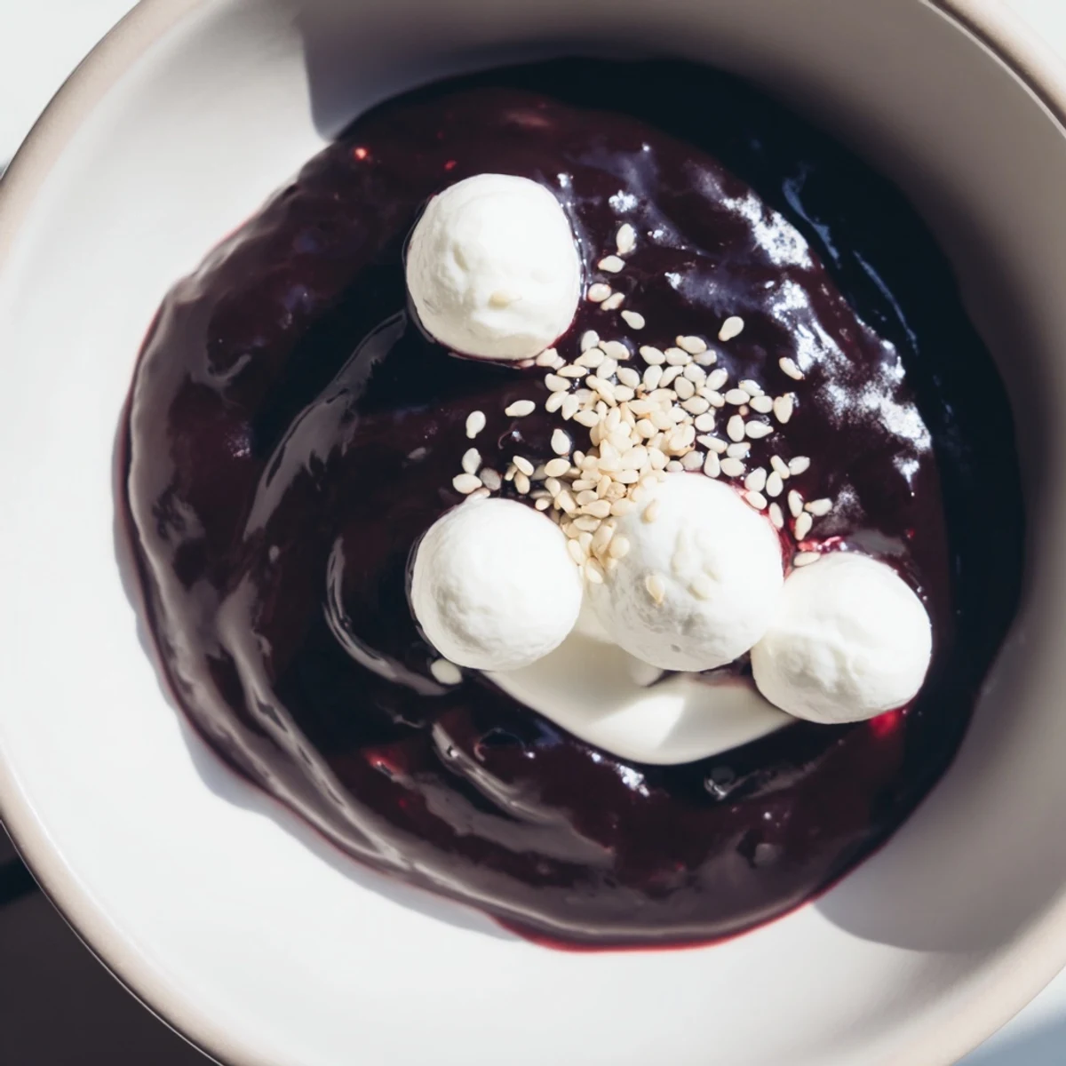 Elegant Galaxy Spiral recipe: A refreshing, no-bake dessert with yogurt, black berry jam, and sesame seeds.