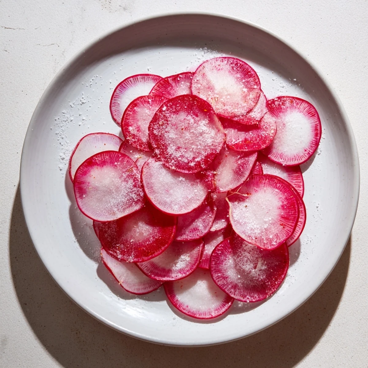 See the bright red and white radish slices sprinkled with flaky sea salt for a refreshing snack.
