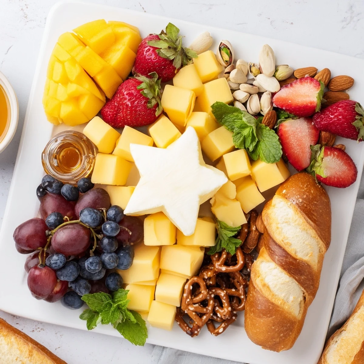 Shooting Star Snack Board bursting with colorful fruits, cheeses, and crackers for a fun appetizer.
