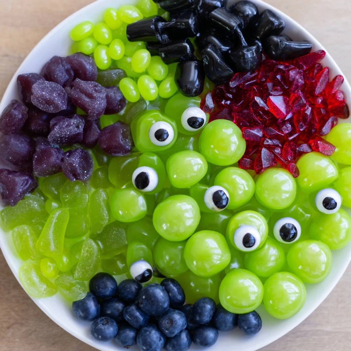 Vibrant Poison Apple Candy Platter, a Halloween dessert with green and purple candies, ready to serve.