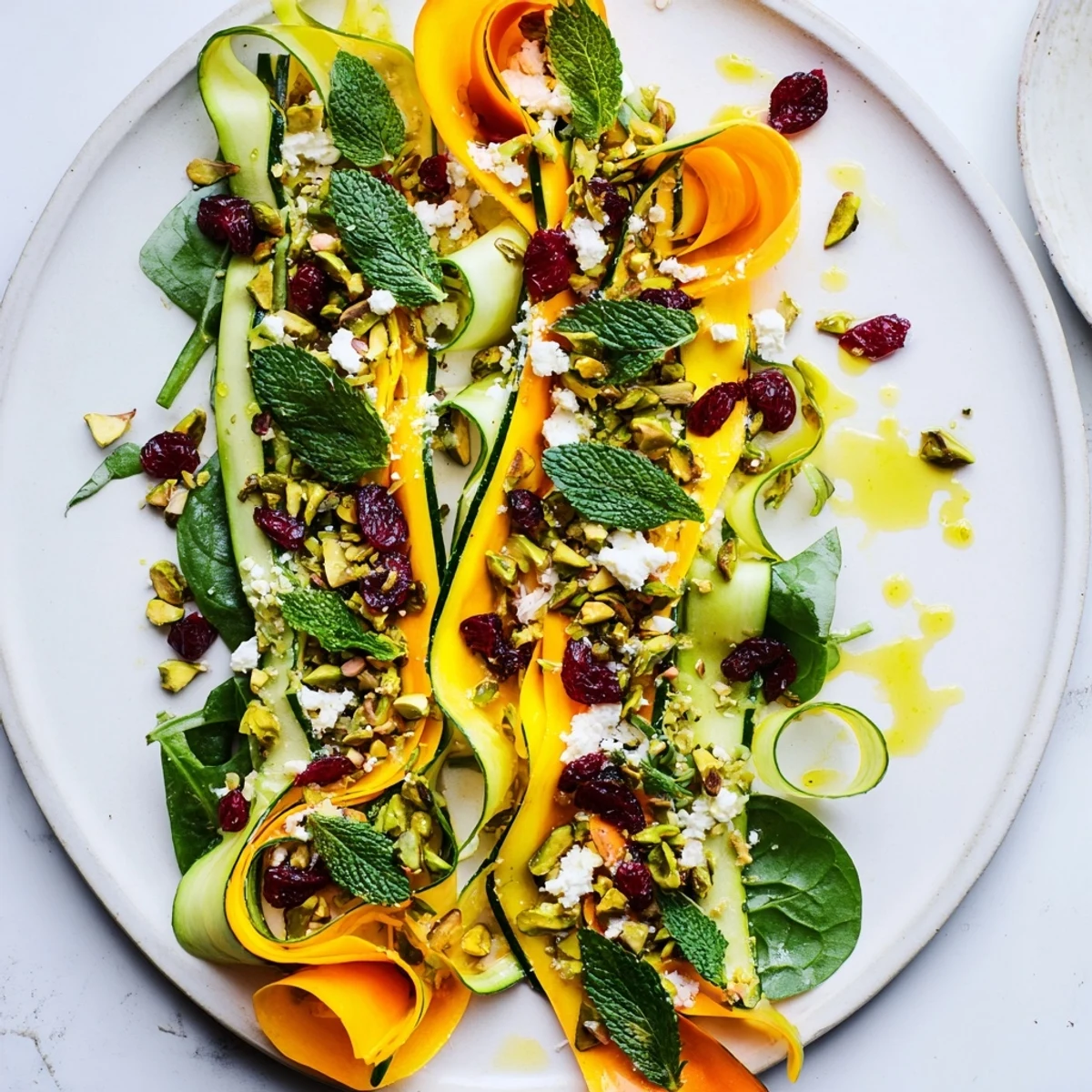 Crisp Pistachio and Cranberry Ribbon Salad layered artfully with colorful vegetable ribbons, ready to serve.