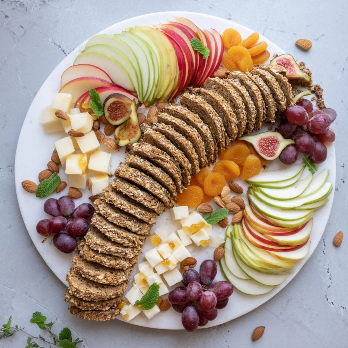 A Harvest Scythe arrangement, showcasing ripe fruits nestled among rustic breads, perfect for a gathering.