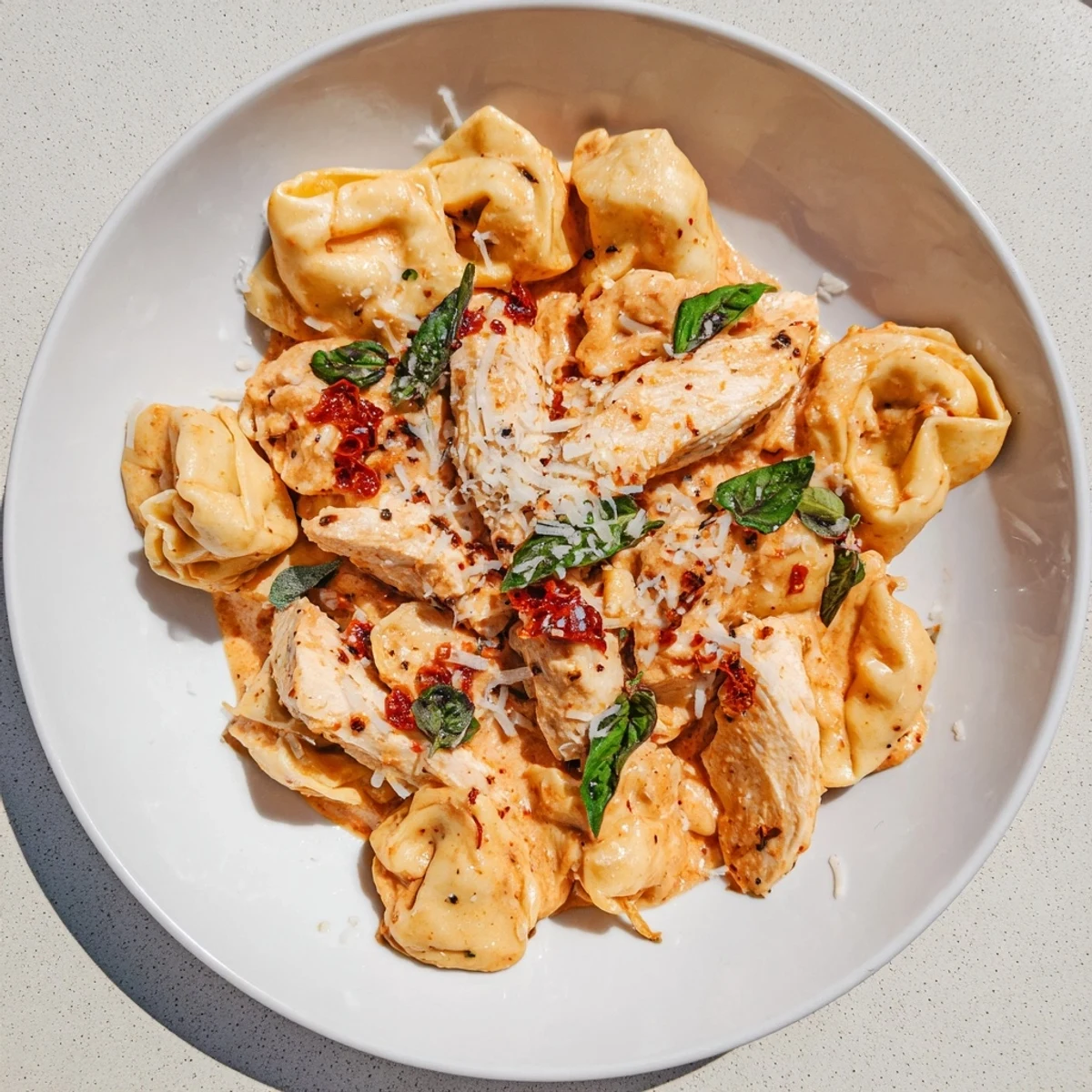 Golden chicken and tortellini in creamy sauce: a beautiful Marry Me Chicken Tortellini dish.