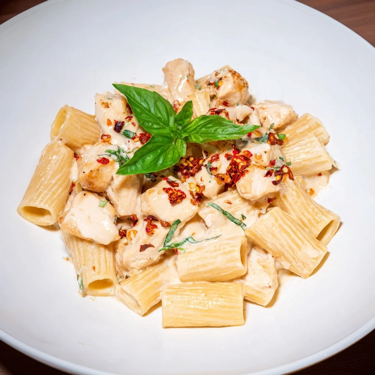 A rich Spicy Vodka Chicken Pasta, topped with Parmesan and fresh basil, ready to enjoy.