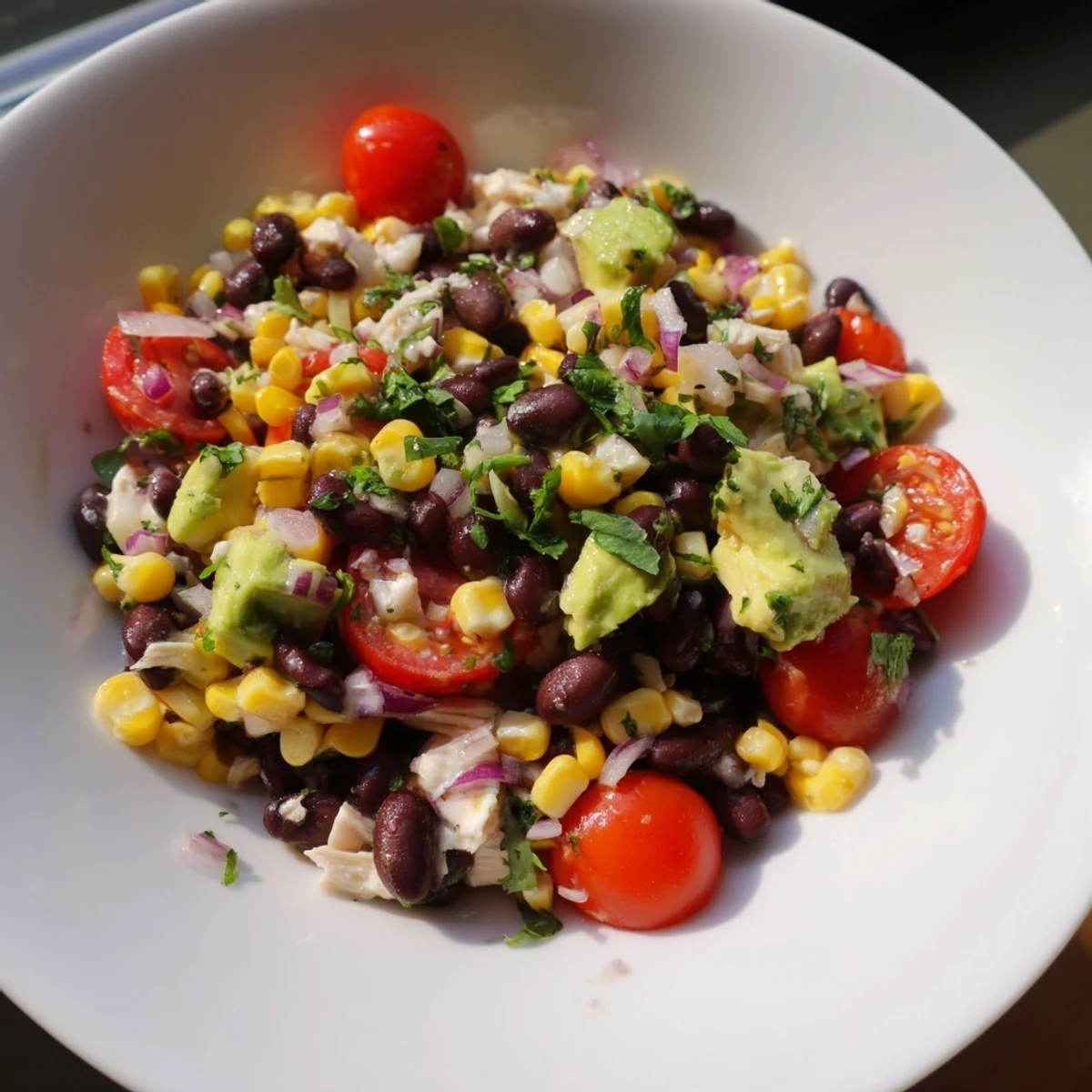 Vibrant image of a freshly made Dense Southwestern Bean Salad, perfect for a flavorful lunch.