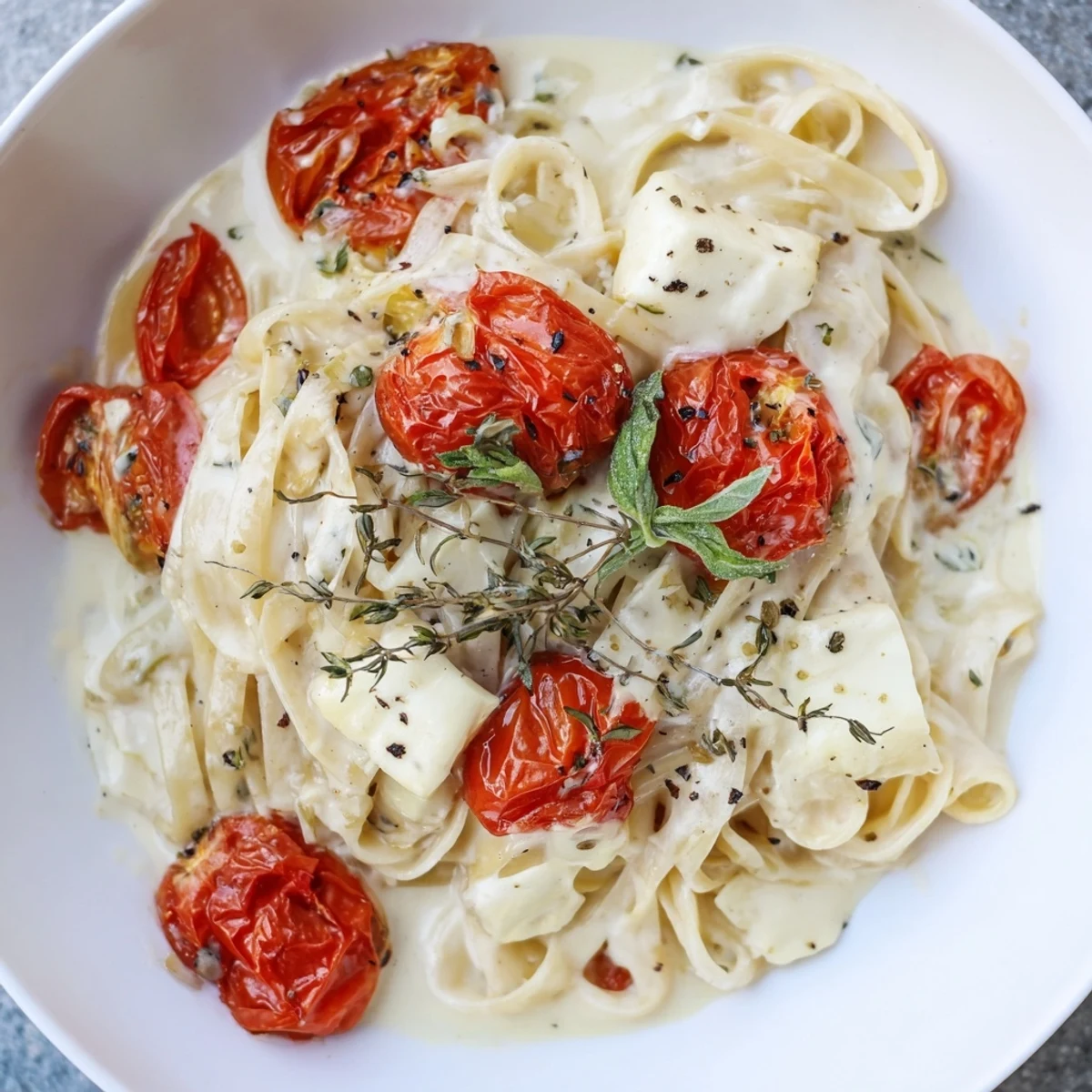 Creamy Baked Brie Pasta Sauce, with melted brie and bursting cherry tomatoes, ready to serve.