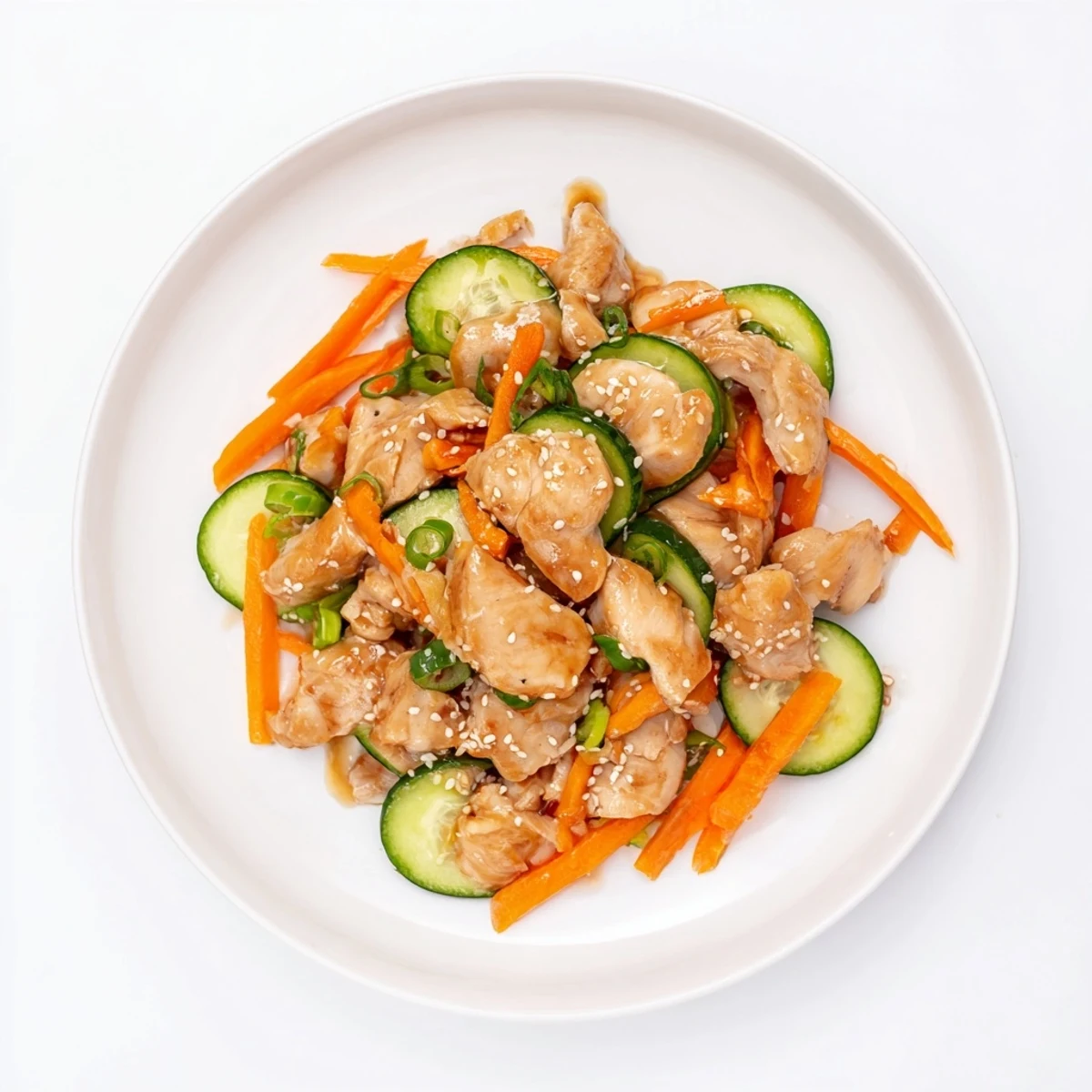 Fresh Shaker Chicken Salad with crisp cucumber slices and a savory soy-sesame dressing visible.