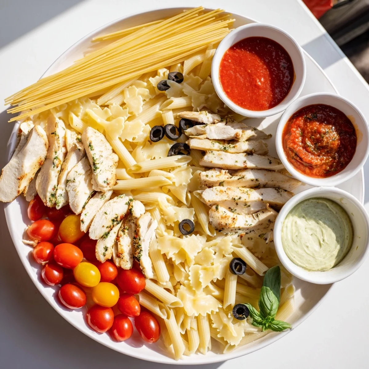 Girl Dinner Pasta Board, a colorful shareable platter with varied pasta shapes, fresh basil, and sauces.