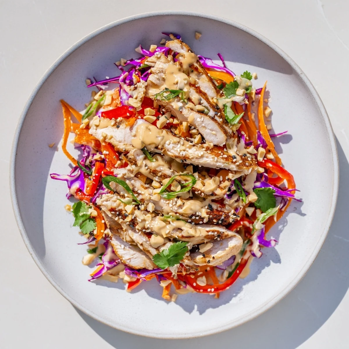A colorful bowl of Carrot Ribbon and Chicken Slaw, ready to eat with a creamy ginger-miso dressing.