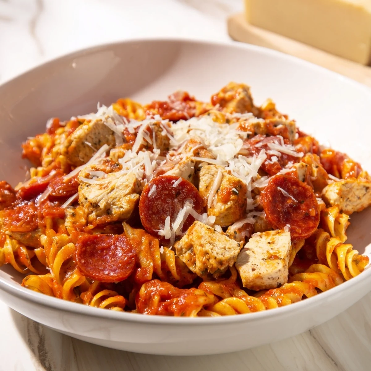 One-Pan Pizza Pasta bubbling hot with melted mozzarella and perfectly browned chicken pieces, ready to serve.