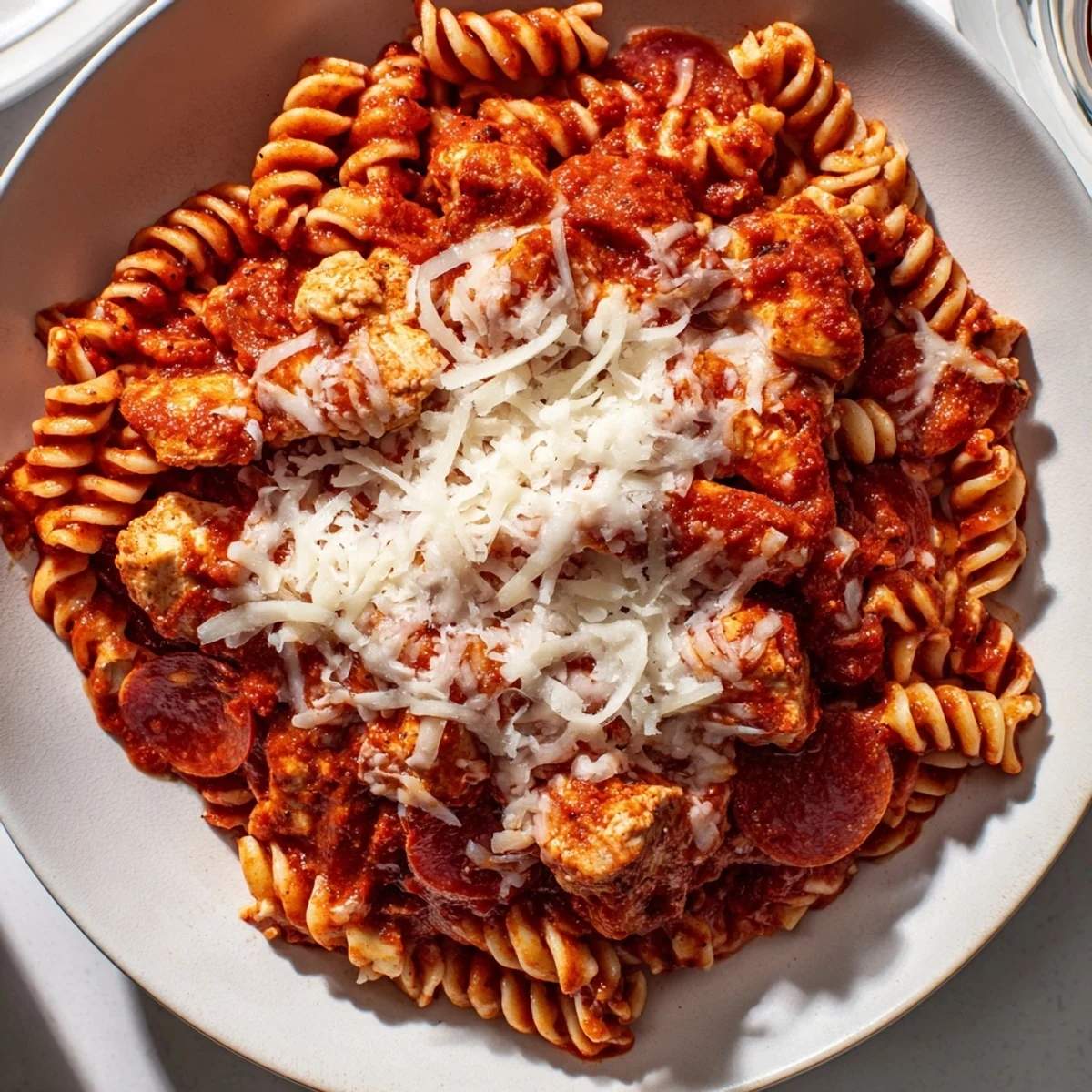 A close-up of cheesy One-Pan Pizza Pasta, the Italian-American comfort food with savory chicken and vibrant red sauce.