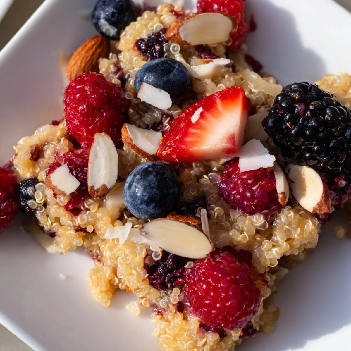 A warm, golden Berry Quinoa Breakfast Bake with vibrant berries, perfect for a cozy morning meal.