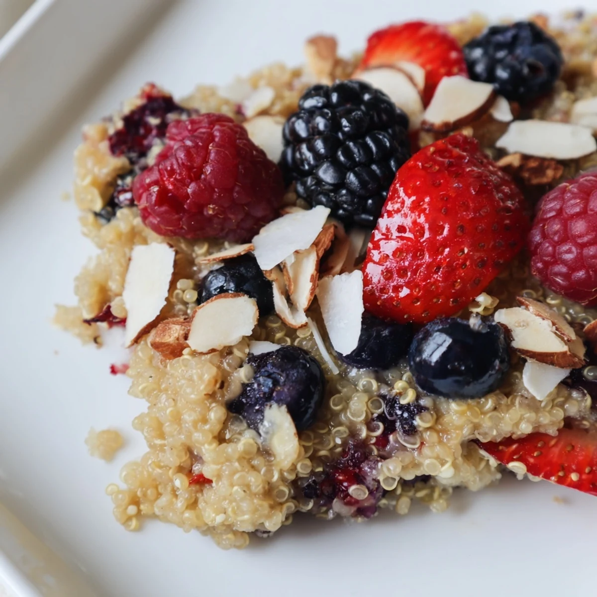 Juicy mixed berries peek through the baked top of this comforting Berry Quinoa Breakfast Bake.