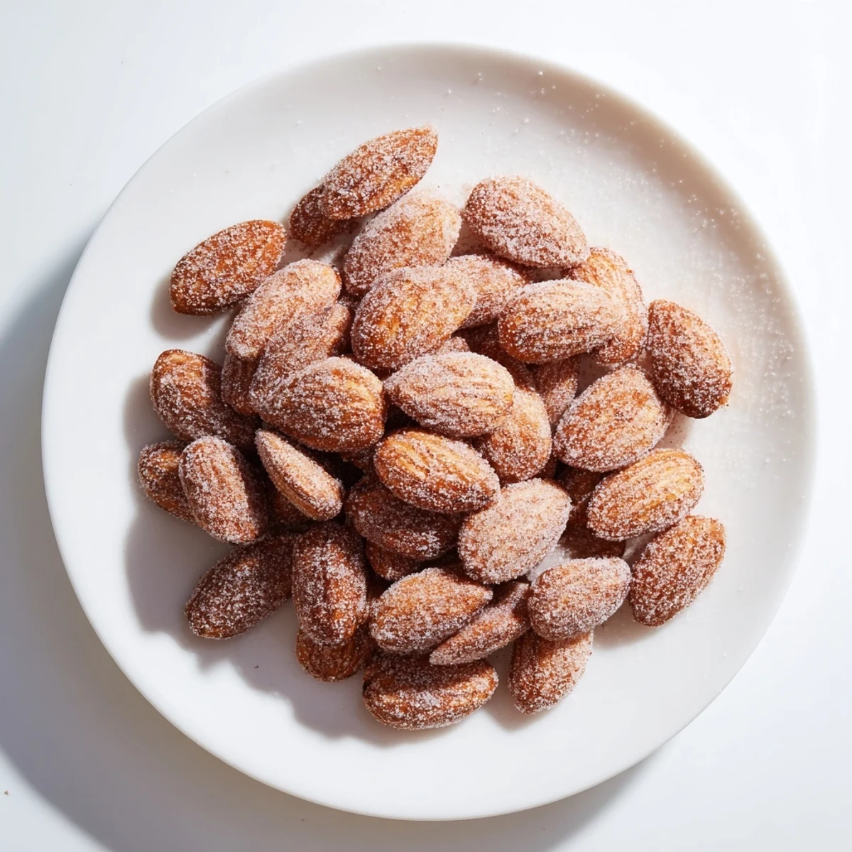 Golden and glistening cinnamon roasted almonds piled on a baking sheet, tempting snack.