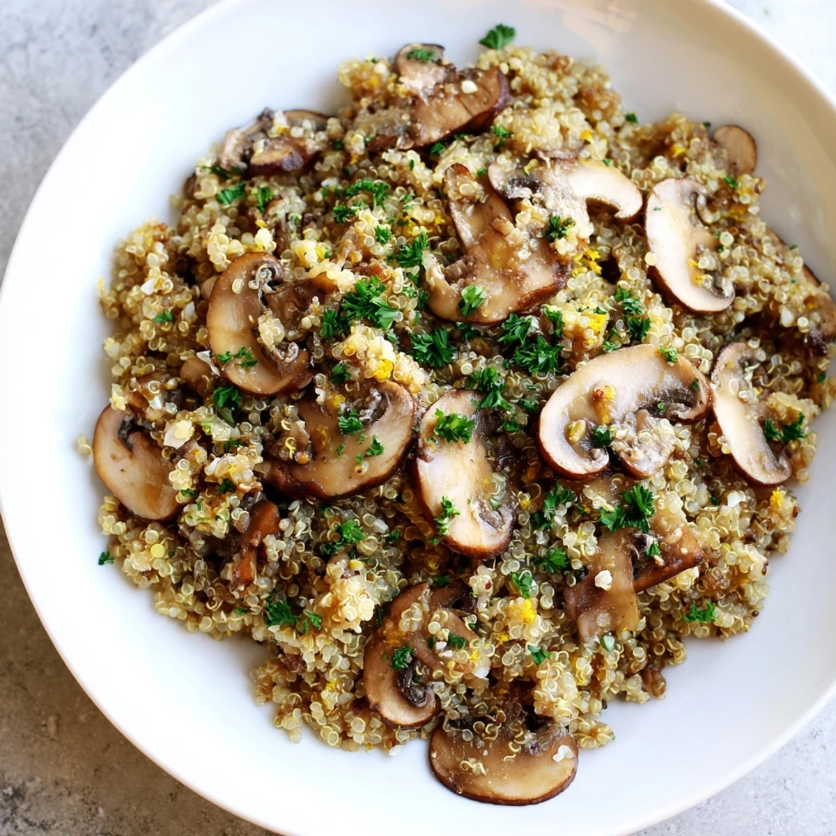 A steaming bowl of Mushroom Quinoa Risotto, garnished with fresh parsley and Parmesan cheese.