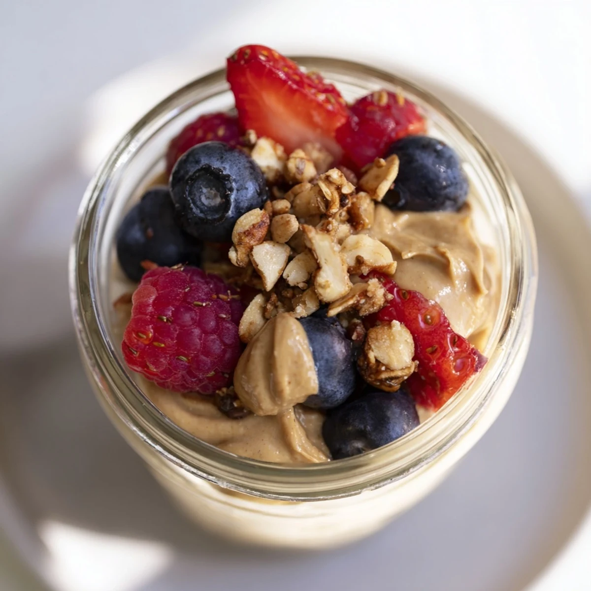 A close-up of a Cashew Butter Yogurt Parfait: see fresh berries and crunchy granola topping.