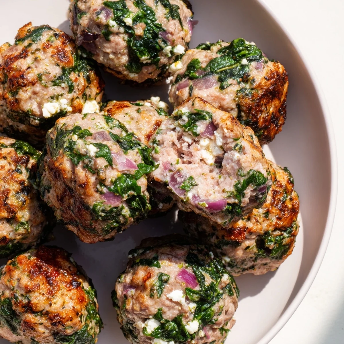Golden-brown Spinach Feta Turkey Meatballs, tender and juicy, ready to enjoy with a fresh side salad.