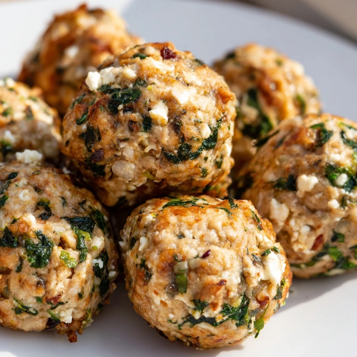 Baked Spinach Feta Turkey Meatballs: a delicious serving of Greek-inspired meatballs on a plate.