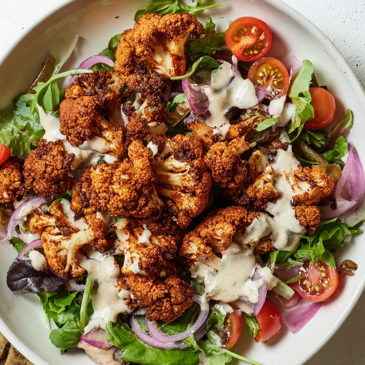 Golden-brown crispy cauliflower salad, topped with creamy tahini sauce, ready to be enjoyed as a vibrant, healthy meal.