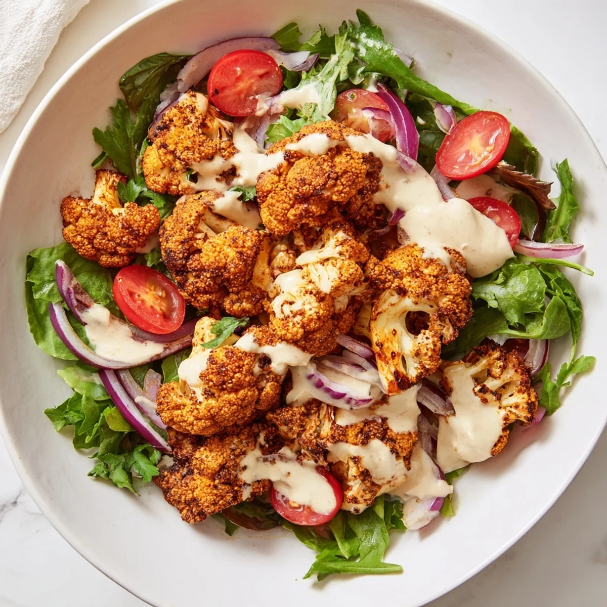 Close-up of a colorful Crispy Cauliflower Salad with creamy tahini, perfect for a fresh and flavorful vegetarian lunch.