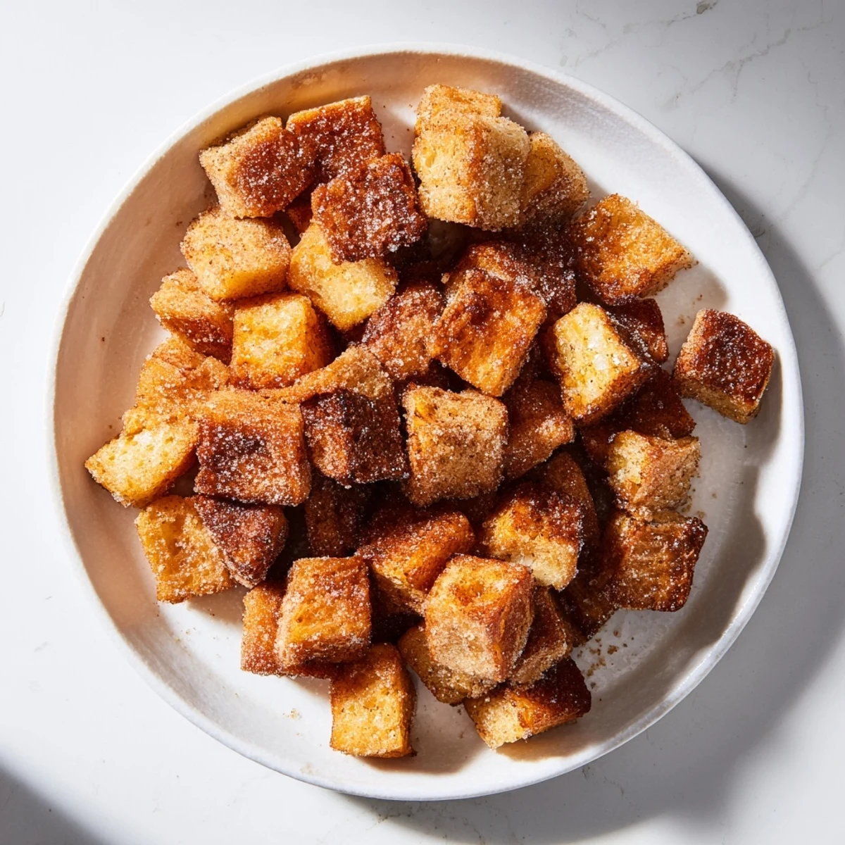 A bowl of delightful, crispy French Toast Cereal, showing perfectly golden pieces ready to eat with milk.
