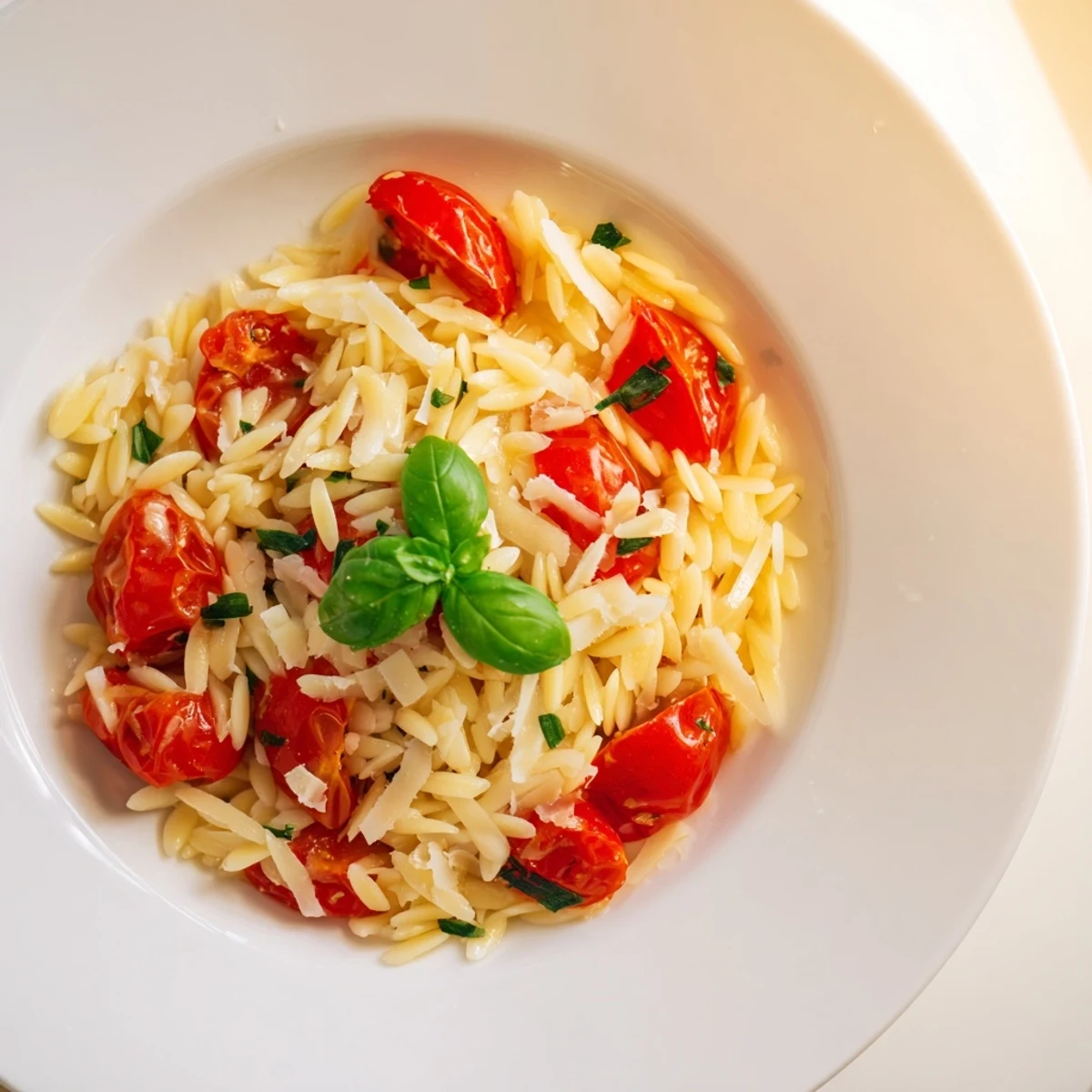 Delectable orzo tomato Parmesan: a pasta dish brimming with juicy tomatoes and fresh basil.