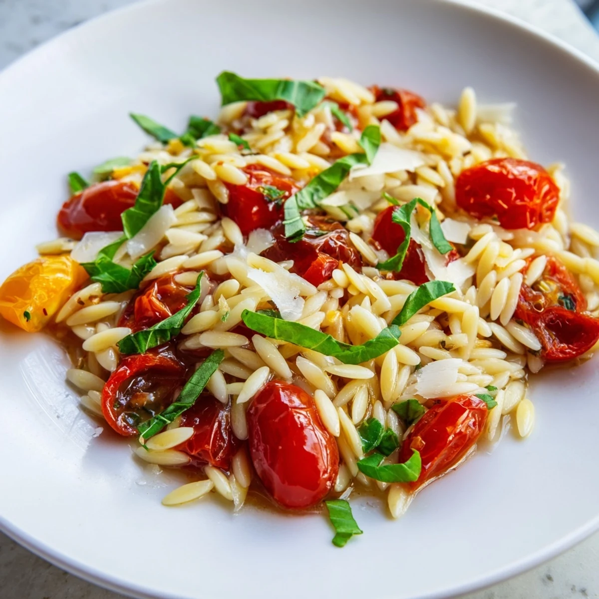 Tender orzo coated in a flavorful sauce with tomatoes and Parmesan; a delicious meal.