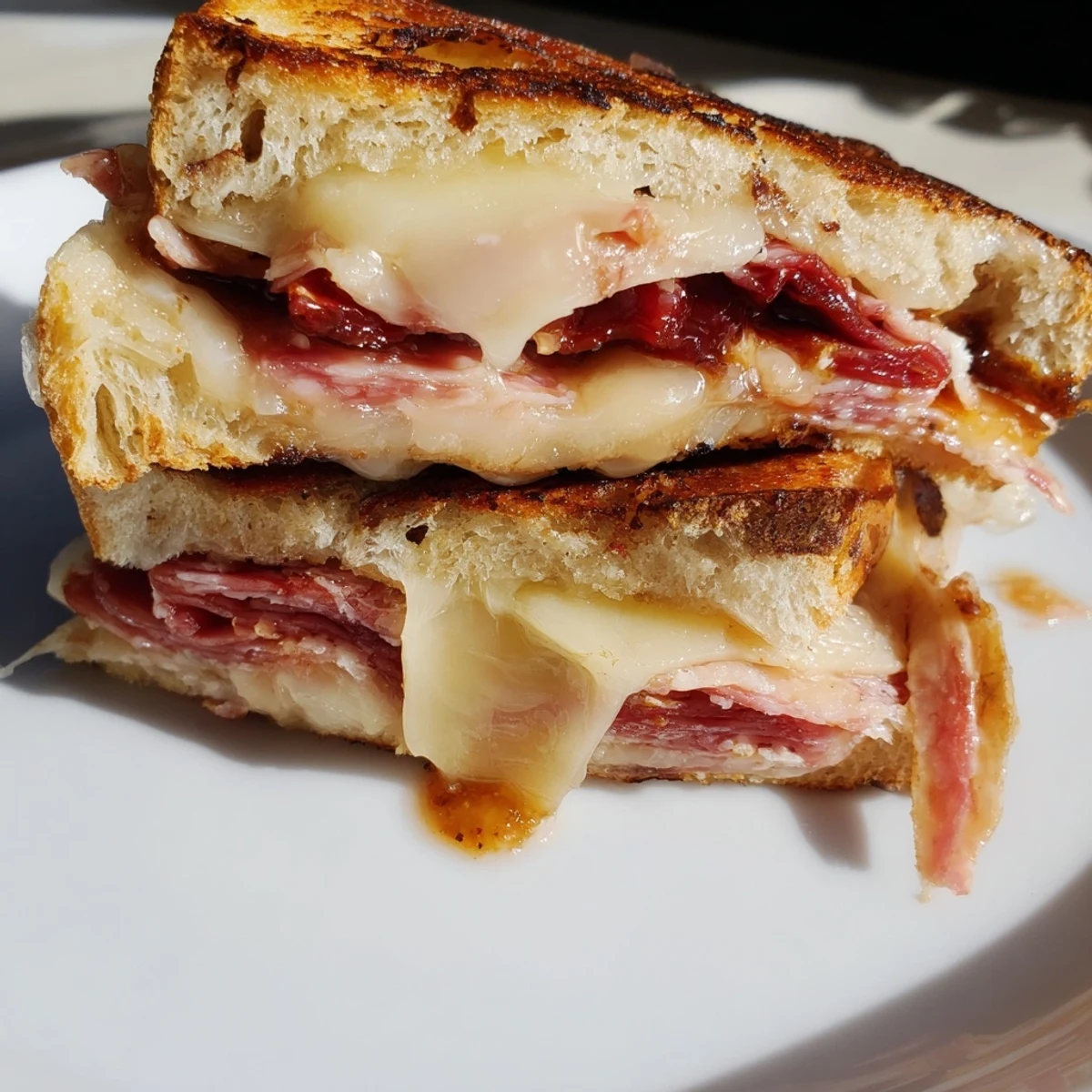 Golden-brown, melty Charcuterie Grilled Cheese with layers of savory meats and cheeses, an amazing lunch.