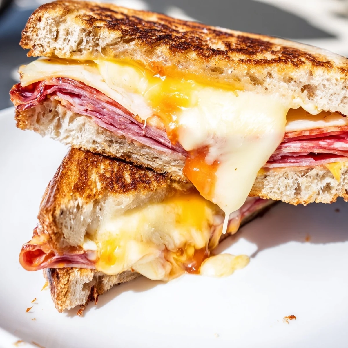 Crispy sourdough overflowing with melted Gruyère, cheddar, and brie in a delicious Charcuterie Grilled Cheese.