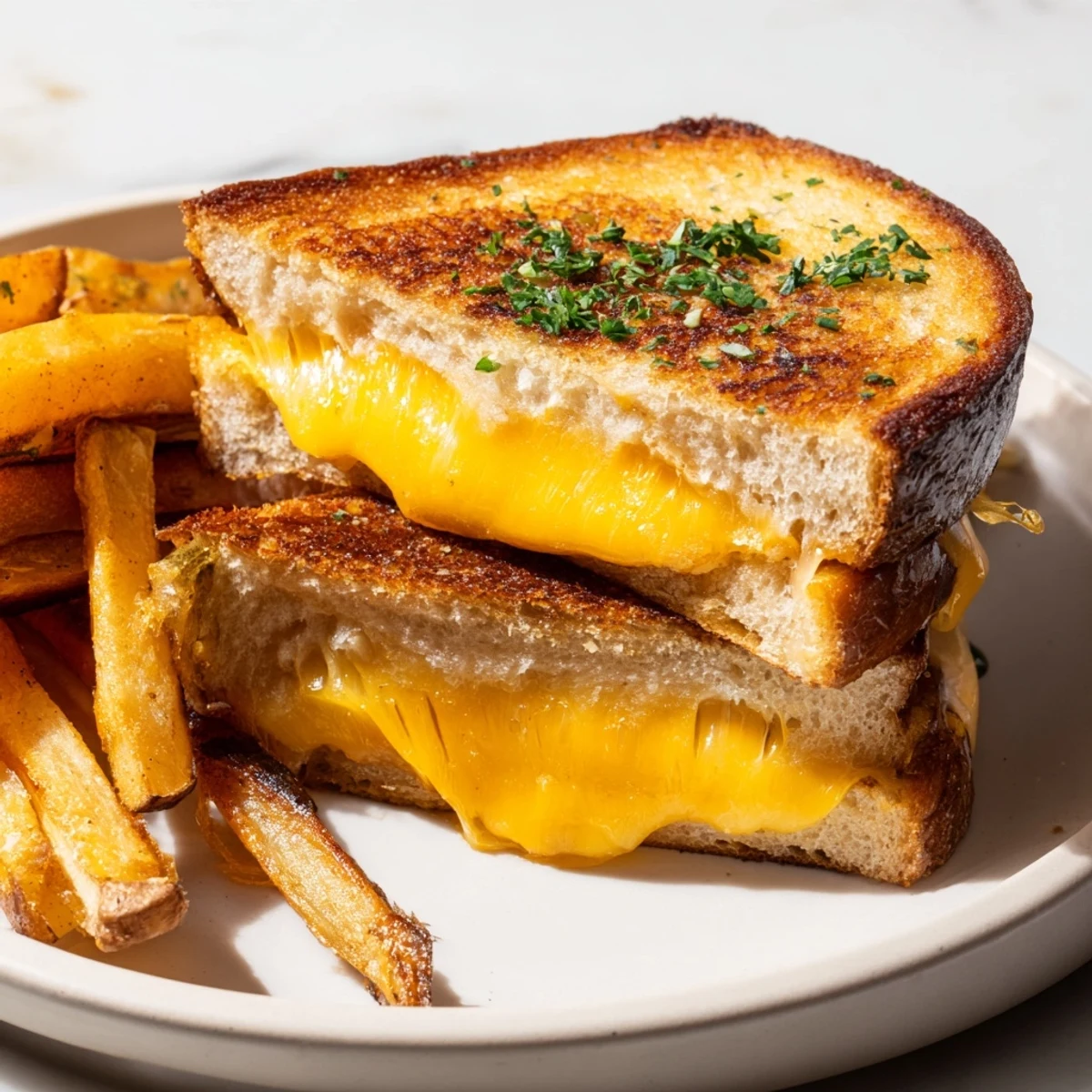 Golden, crispy Beef Tallow French Fries Grilled Cheese, perfectly paired, a classic American delight.