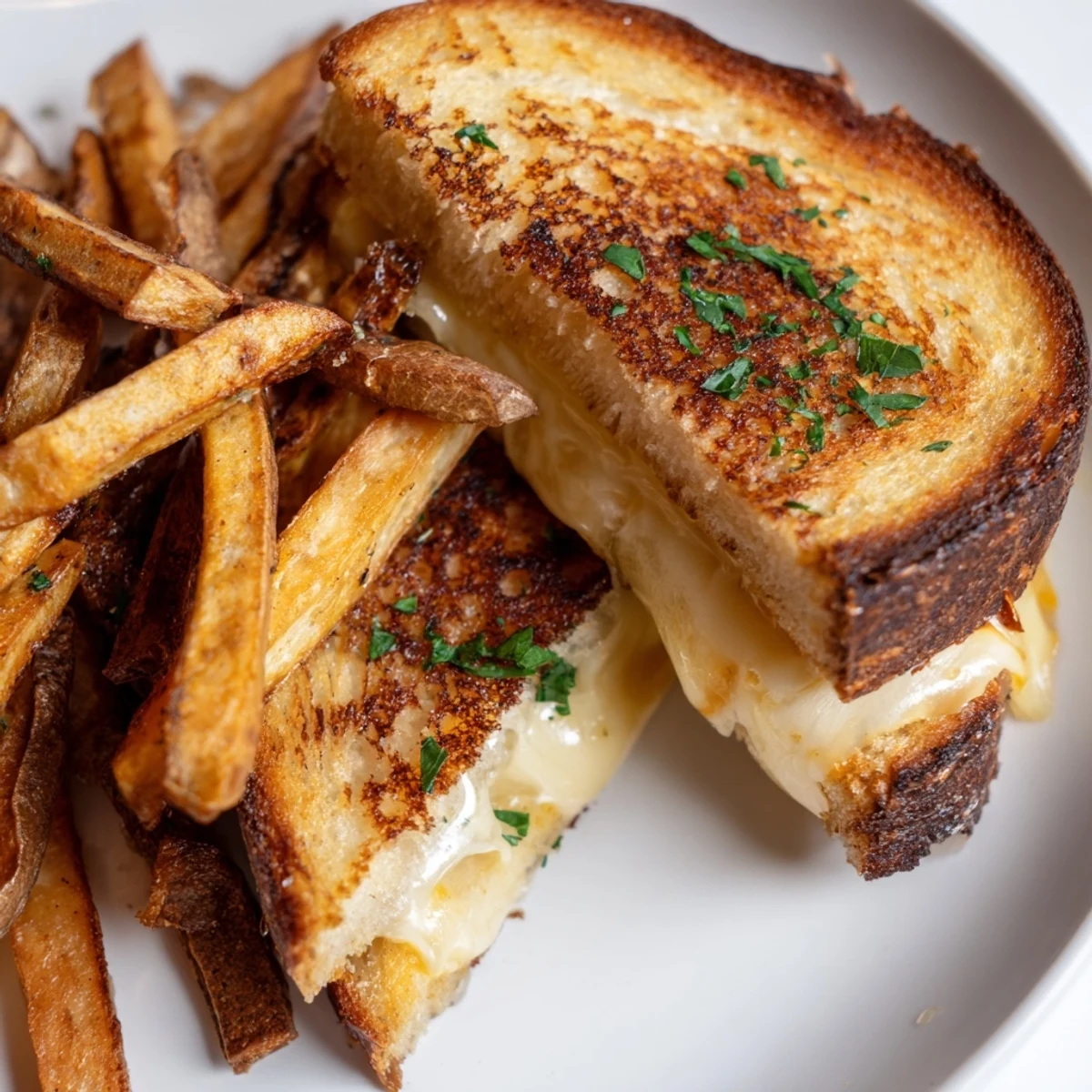 A close up shows the delicious Beef Tallow French Fries with a bubbling, cheesy grilled cheese sandwich.