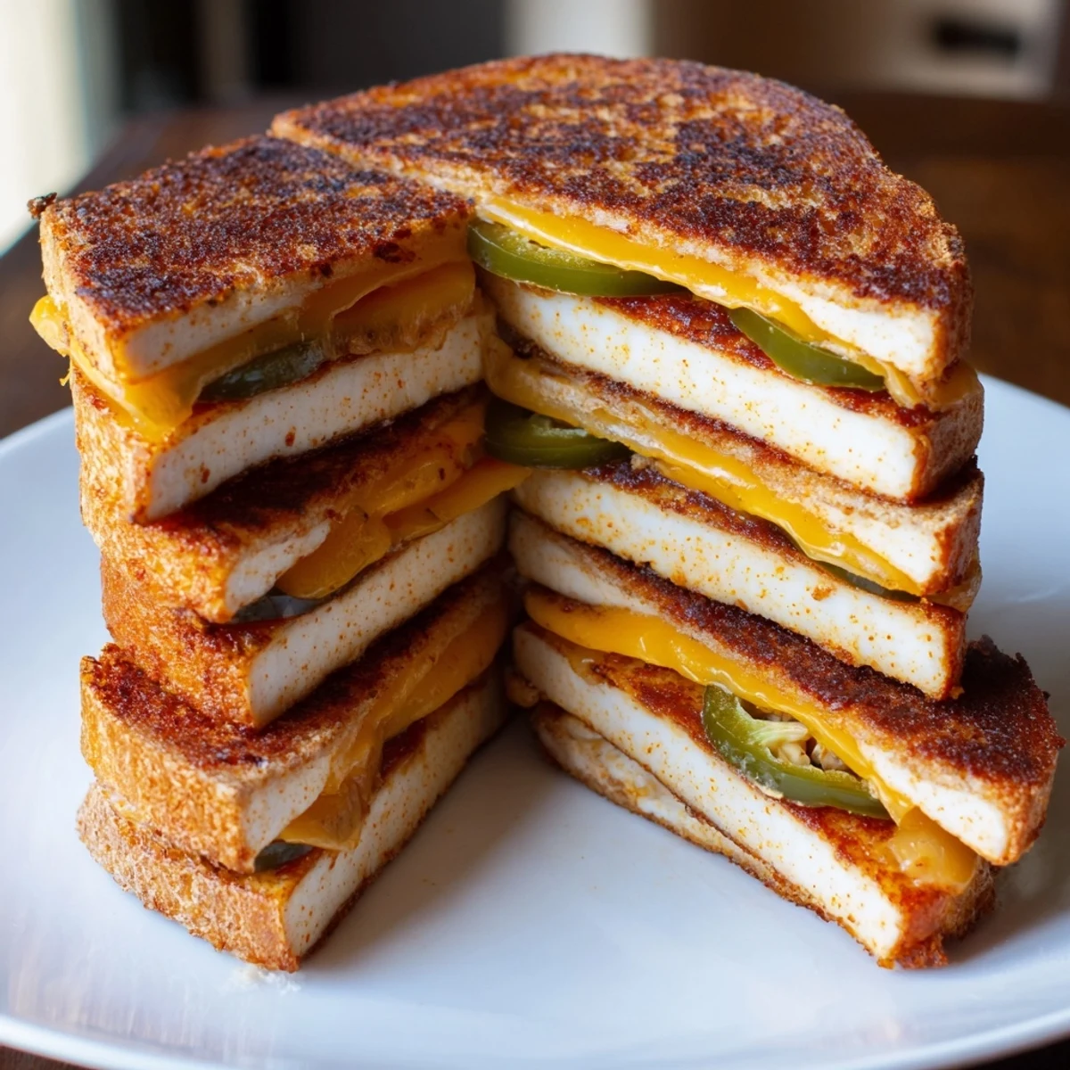 Golden, crispy Spicy Crispy Tofu Grilled Cheese with melted vegan cheddar, a truly comforting vegan main dish!