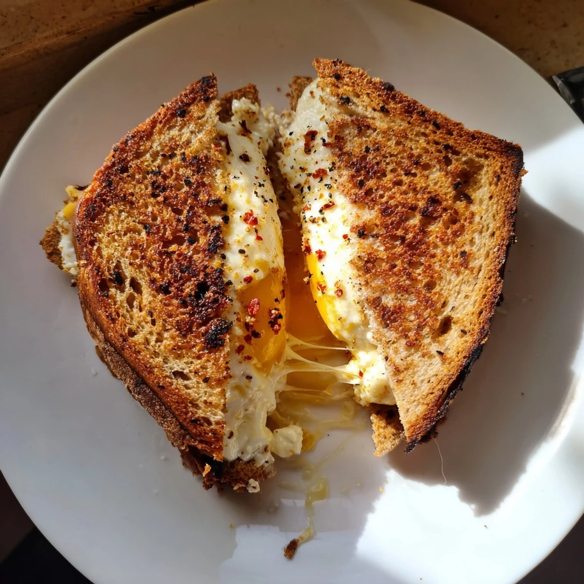 Golden, crispy feta fried eggs grilled cheese with melted cheese oozing from the bread.