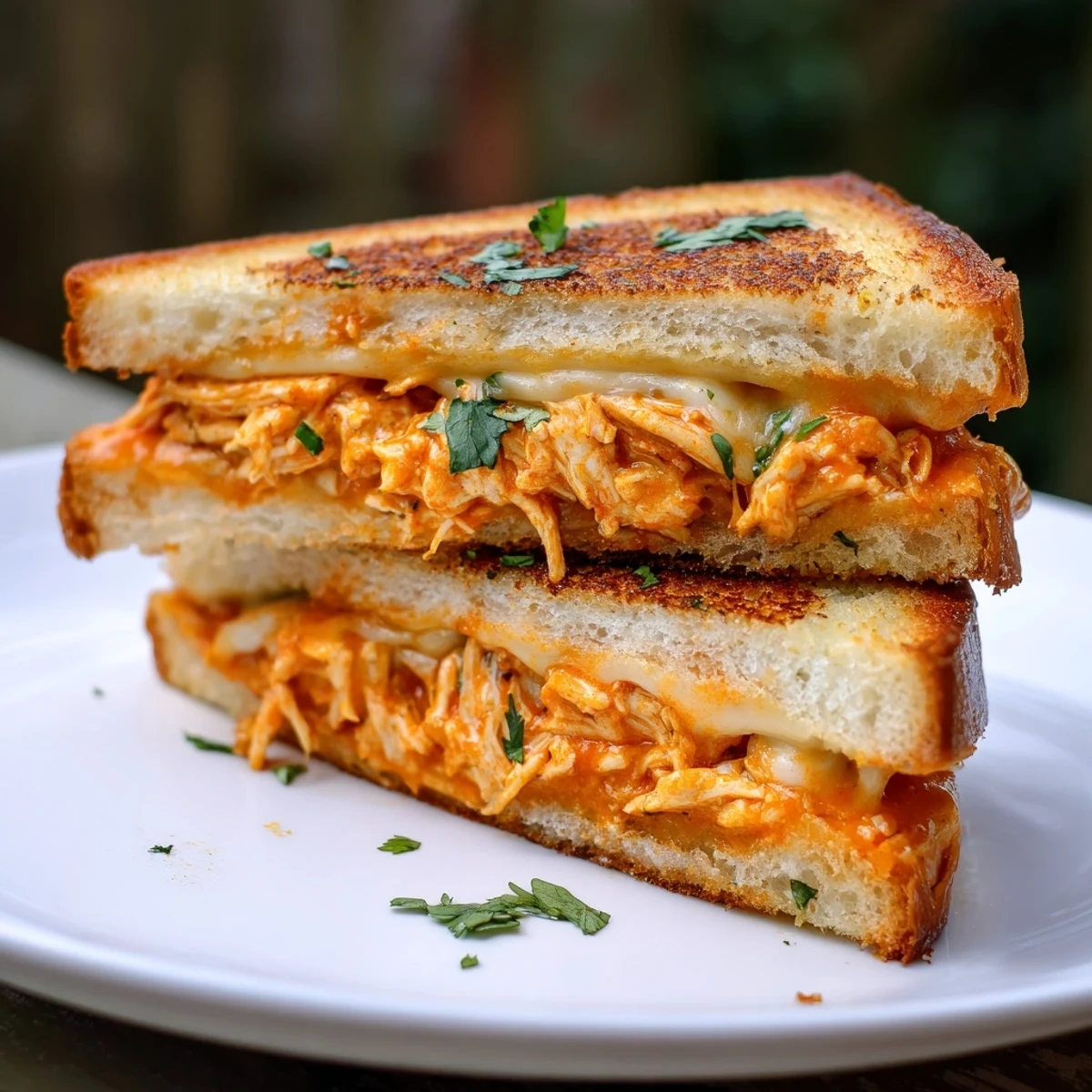 Crispy, cheesy Savory Butter Chicken Grilled Cheese, featuring shredded mozzarella and cheddar, ready to eat.