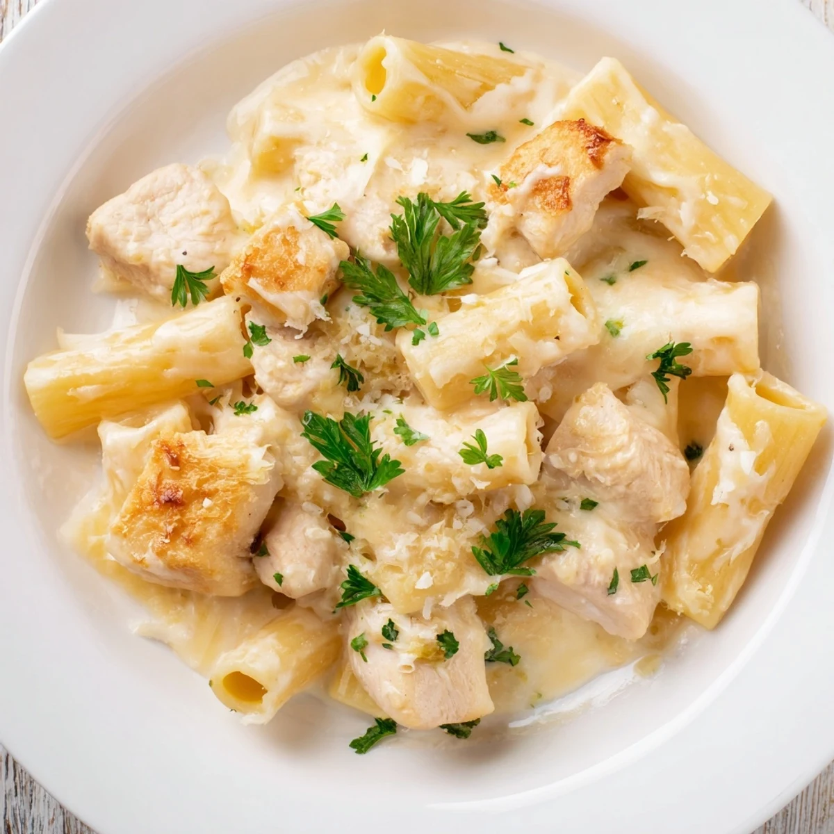 Golden-brown crust on a flavorful Chicken Alfredo Bake, ready to serve with a satisfying aroma.