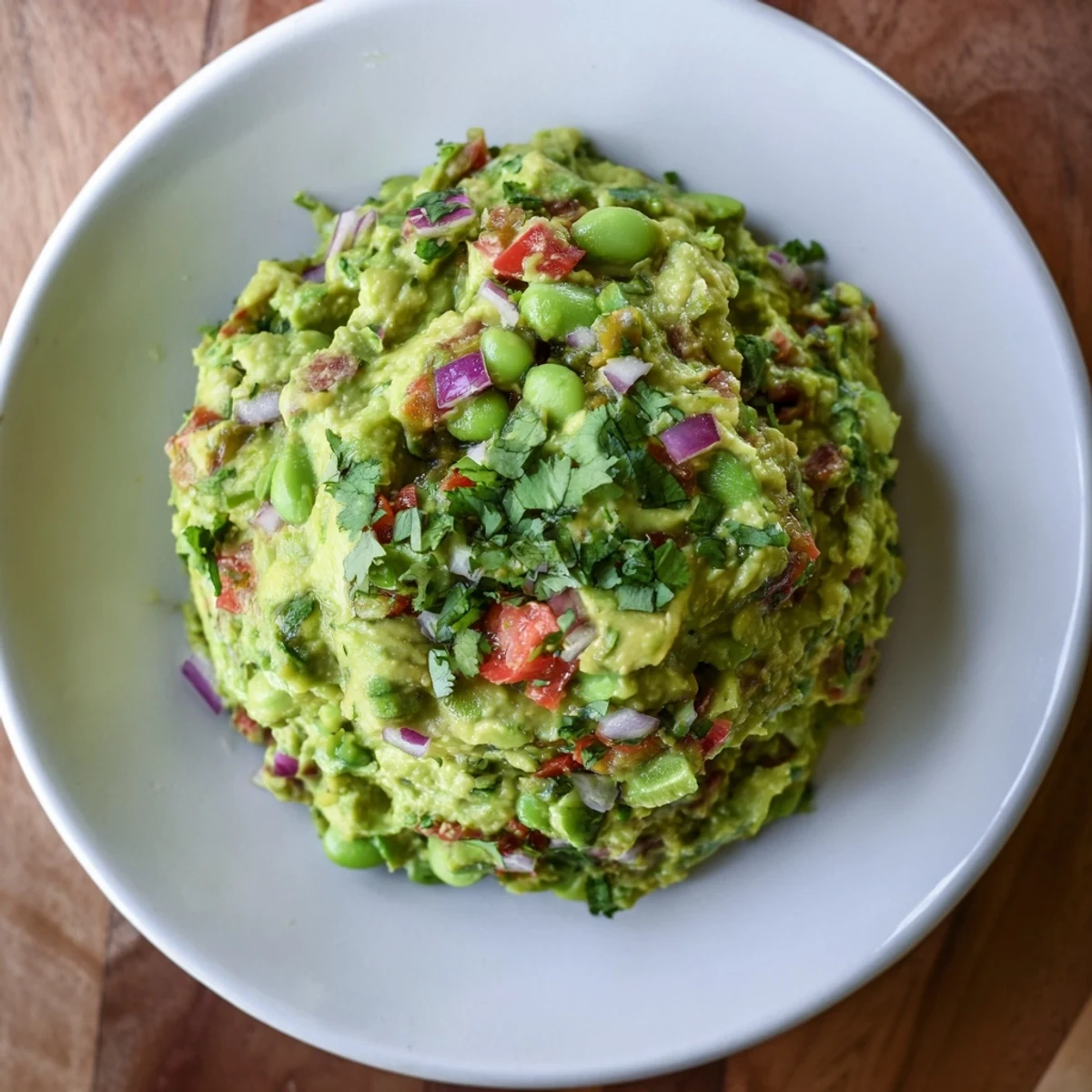 Bright green Edamame Guacamole, a creamy dip with visible chunks of tomato and red onion.