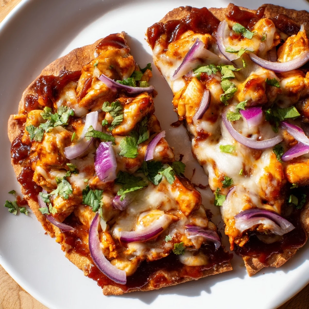 Golden-crusted BBQ Chicken Flatbread, a delicious meal with melted cheese, juicy chicken, and fresh cilantro.