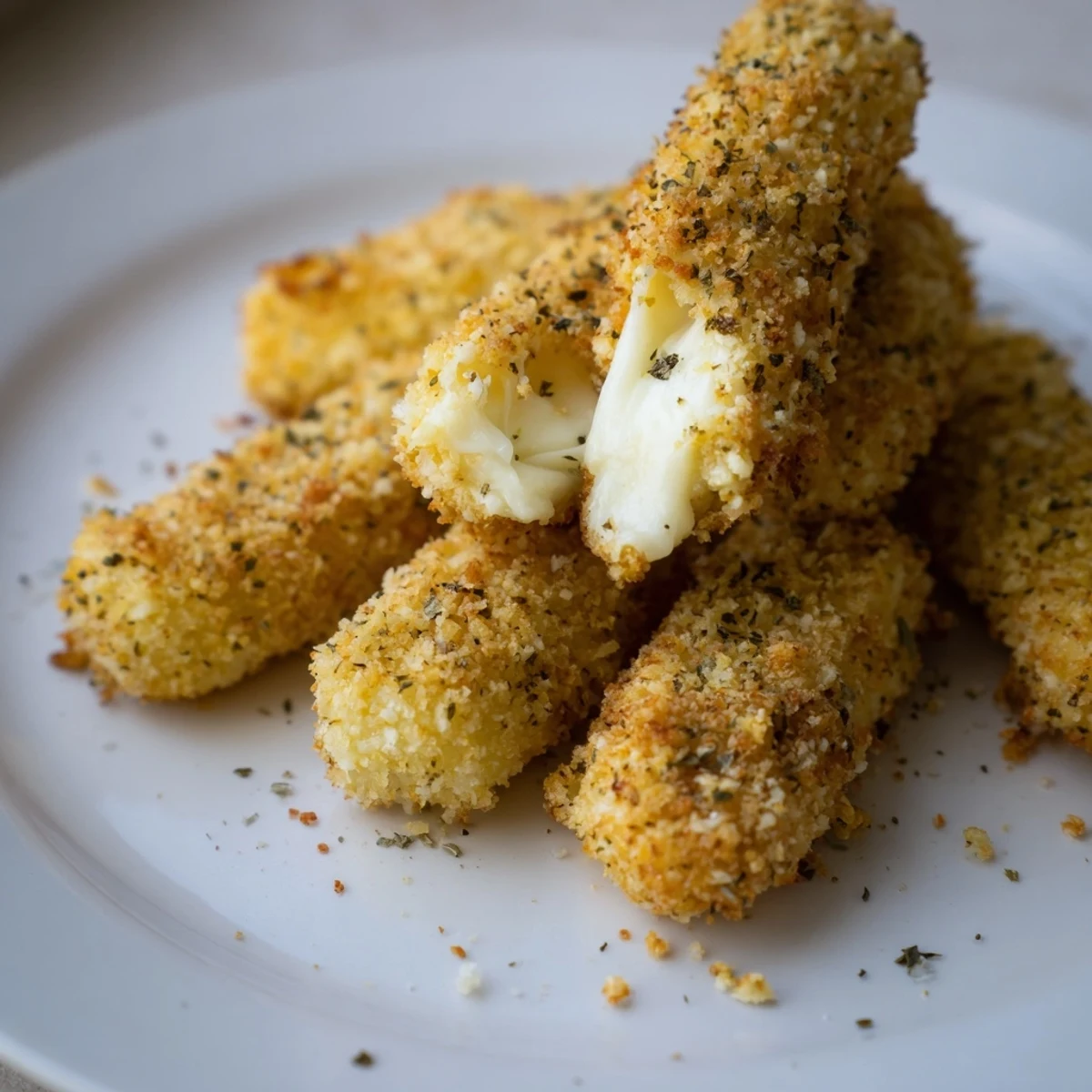 Golden, crispy air fryer mozzarella sticks with a pull, served alongside a warm marinara dipping sauce.