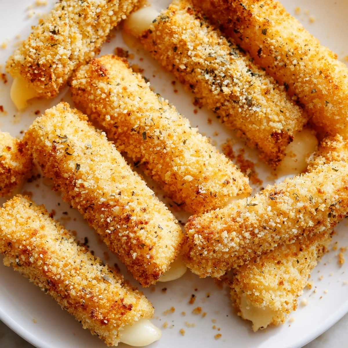 Close-up of freshly cooked air fryer mozzarella sticks showing melted cheese inside a crunchy crust.