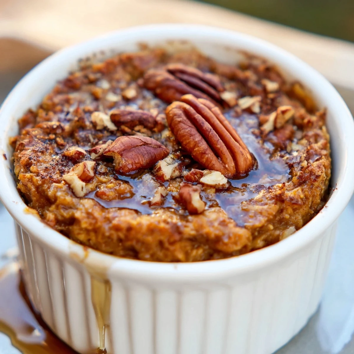 A close-up of golden brown pumpkin spice baked oats, ready to be enjoyed with your favorite toppings.