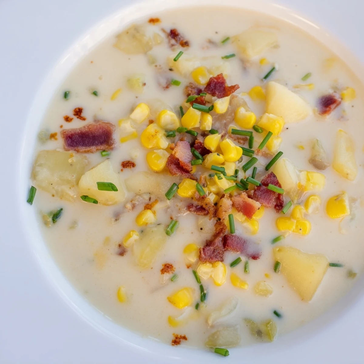 Creamy Corn Chowder soup, thick and savory, with visible bacon bits—perfect for a comforting meal.