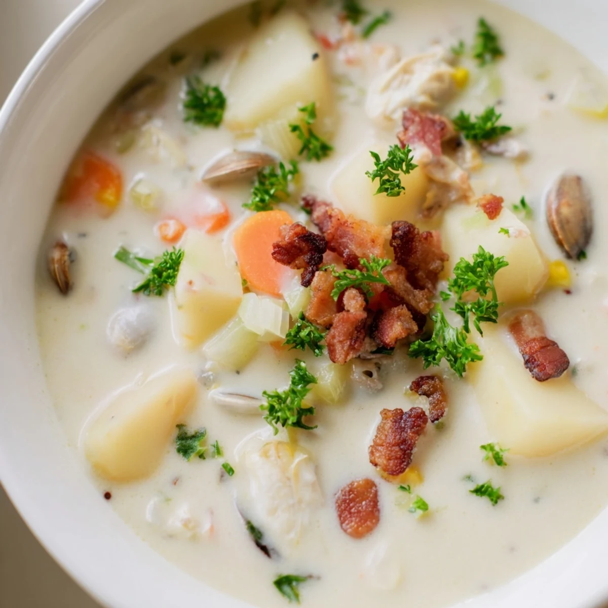 Enjoy a comforting bowl of creamy New England Clam Chowder, a classic, warming meal perfect for chilly days.